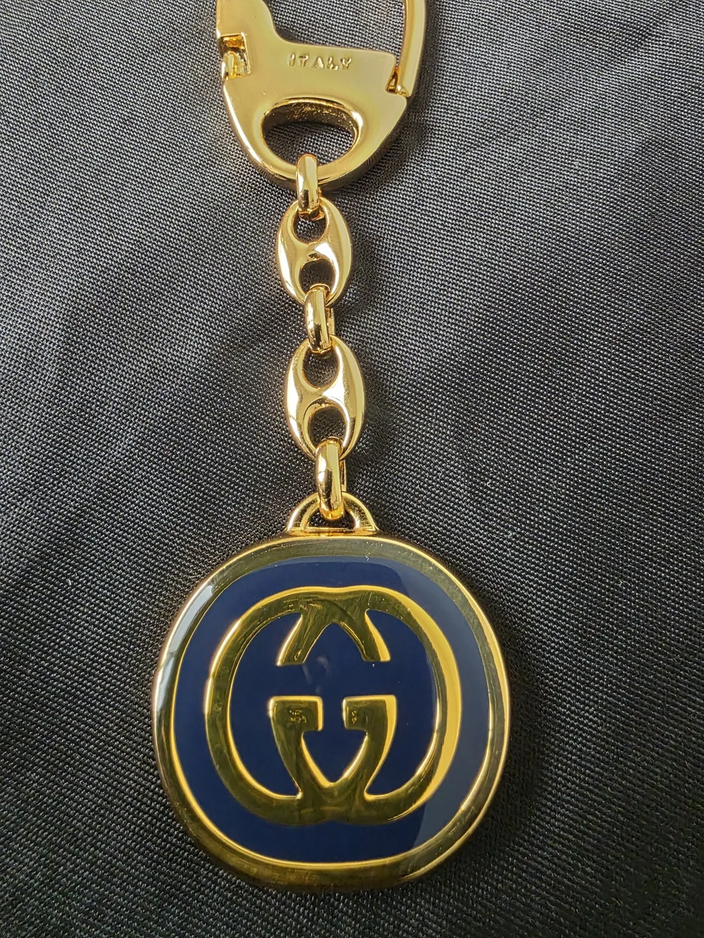 Auth Gucci Interlocking GG Gold/Blue Keychain